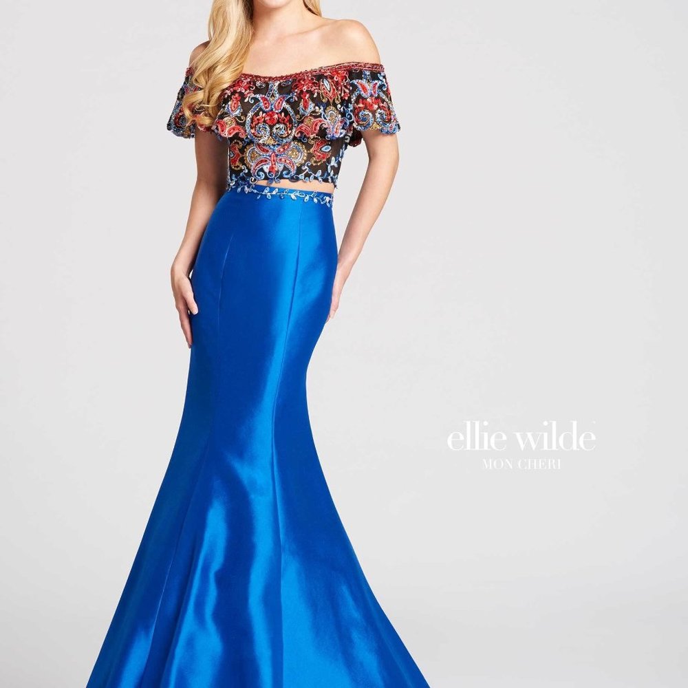 NWT sz 4, Royal Blue/Multi 2-Piece trumpet gown & off shoulder top.
